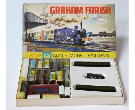 N Gauge Locomotives and Stock by Graham Farish, including SR green 0-6-0T and two coaches in original set box, a GER blue 0-6