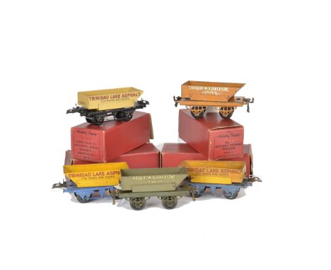 Hornby O Gauge 4-wheeled Rotary and Side-Tipping Wagons, including grey and orange McAlpine's, yellow/blue Trinidad Asphalt (