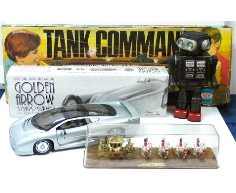 Schylling Golden Arrow,  1929 Land Speed Record Car, tinplate and plastic Robot, coronation carriage, Maisto 1:12 scale Jagua