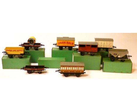 Hornby O Gauge No 50 Freight Stock, including cattle, Saxa Salt, rotary tipper, low-side, low-side with drums, hopper wagon a