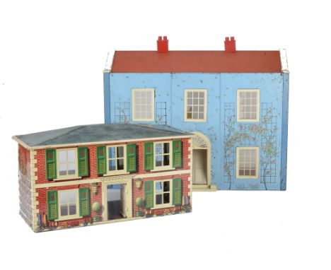 Tinplate Dolls' Houses, one Mettoy lytho printed example, two stories, redbrick façade, five windows with green shutters, red