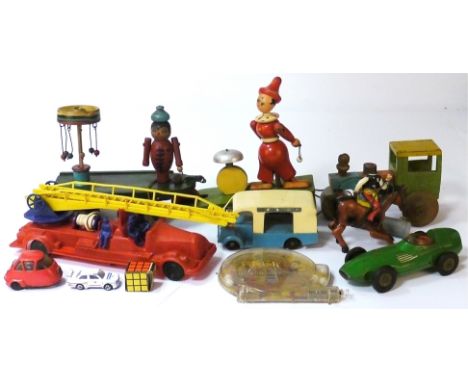 1950's and 1960's toys, collection of wooden and plastic toys including 'pull along' clowns and tractors, plastic horse and f