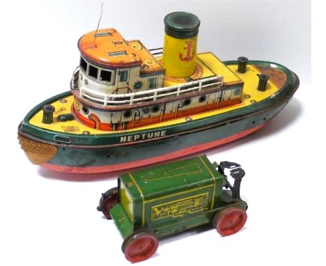 1950's Japanese Tinplate Tugboat, 17521 55584 'Neptune', battery operated with 'bump and go' mechanism, together with a tinpl