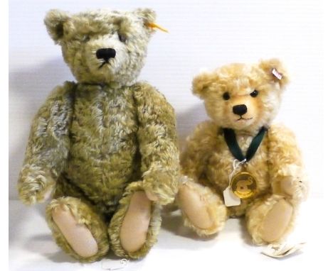 Steiff Teddy Bears, one yellow label, reference 000751, green mohair, beige felt pads, brown glass eyes, black stitched nose,