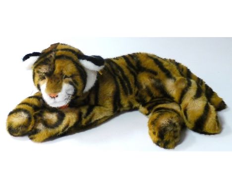 Steiff Tiger, yellow label no. 103513 Schadah, black and ginger fur and orange plastic eyes, 14in, VG 