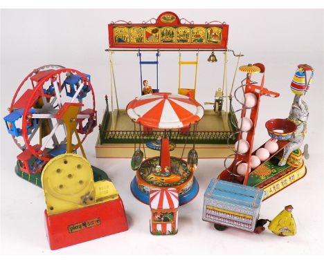 Tinplate Fairground and Novelties, Wells (UK) Dairies Milk Float, Crescent 'Play N Save' Money Box, Ferris Wheel, Carousel, T