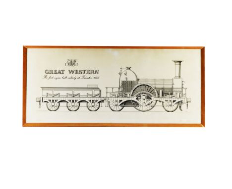 A 'Kippax' Line Drawing of GWR Broad Gauge 2-2-2 Locomotive 'Great Western', in glazed frame approx 36" x 16", representing t