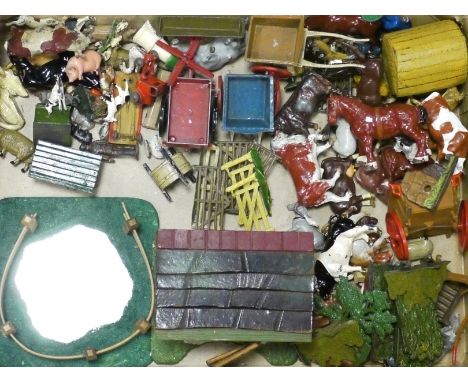 Large quantity of lead farm animals and accessories,  including a repainted Benbros log wagon and Charbens tractor, wooden bu