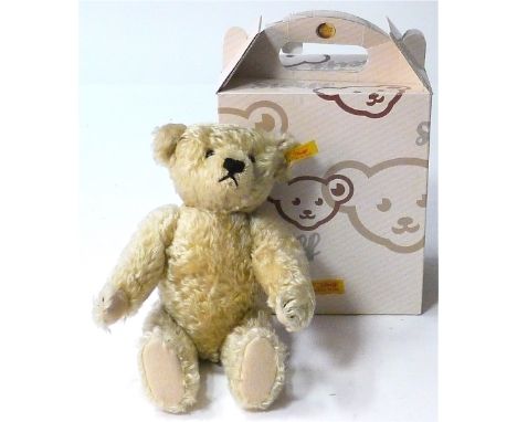 Steiff Musical Teddy Bear, yellow label, beige mohair and felt pads, black glass eyes, black stitched nose, 12in, in original
