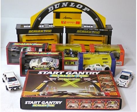 Scalextric Cars and Buildings, racing cars: 93160 Mazda 787, 83810 Porsche 911, C.462 BMW 3181 Westminster, C445 AEG Sauber M