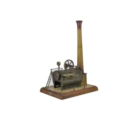 An Incomplete Bing Live Steam 'Overtype' Stationary Engine, including elegantly-tiled base on wooden plinth, boiler, gallery,