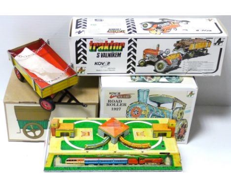 Modern Tinplate Clockwork Vehicles, Kovap Zetor Tractor and Trailer, Kovap Retro Road Roller 1927, Paya S.C.V.L. Horse and Ca