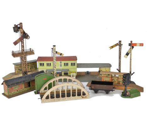 A Collection of 'Non-Hornby' Tinplate Items for O Gauge or Larger, including Marklin 3-rail girder bridge with ramps, German 