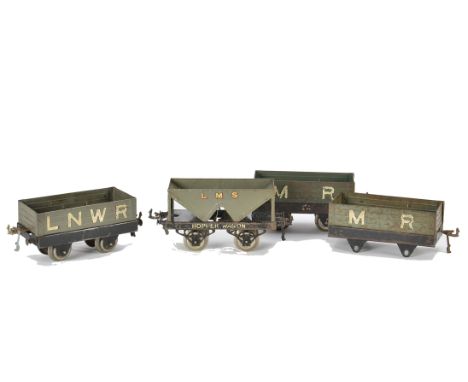 Early Hornby O Gauge Freight Stock, including 'Nut and Bolt' MR (2) and LNWR open wagons, and an LMS OAG Hopper Wagon with in
