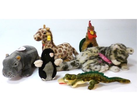 Steiff Crocodile, Gaty', button attached to fin, green, yellow and brown mohair, green glass eyes, 13in, together with three 