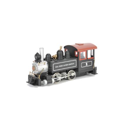 A Bachmann G Gauge 0-4-0 Tank Locomotive, in black as Coal Creek Lumber Co no 1, F-G, one pickup spring missing 