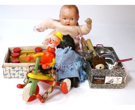 Assortment of Wooden, Plastic Ceramic and Metal Toys, 55 Plastex, hard plastic doll and a black rubber example, both with han