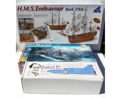 Boat and Ship Kits, three wooden sailing ship kits including no. 22516 Artesania Latina H.M.S. Endeavour and military ships i