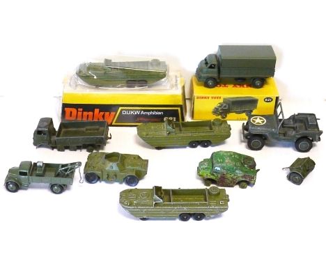 Dinky Military, wagons, tanks and jeeps including a 621 3-Ton Army Wagon, 681 D.U.K.W Amphibian (2), 688 Field Artillery, 623