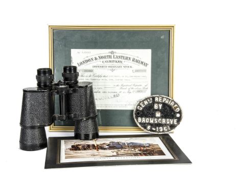 A Framed LNER Share Certificate Wagon Plate and Binoculars,  the 'Deferred Ordinary Stock' certificate for £450 dated 26th Se