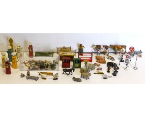 Garage and street accessories by Gilco, Dinky, Barrett & Sons etc, (19), lead animals and figures by Britains, Hilco etc, (39