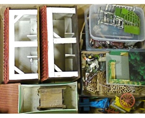 Two wooden farm buildings, no makers mark but in the Hugar style,  Crescent Tractor, empty Britains horse roller box, large q