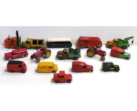 Dinky Commercial, Farm and Emergency Models, including a 255 Mersey Tunnel Police Van, 260 'Royal Mail' Van, 252 Bedford Refu