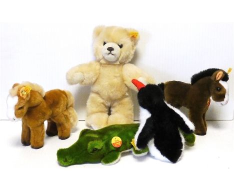 Steiff Animals, yellow labels, no. 052590 Pony 'Rocco' with brown hair and cream mane and tail, 7in, no. 052590 'Racy' with o