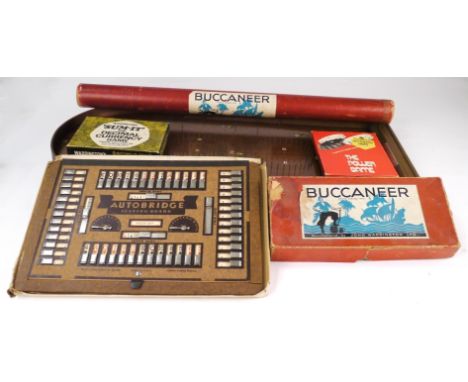1930's-1980's Games, 1930's John Waddington Buccaneer game and map in original box and tube, Corinthian Bagatelle board and a