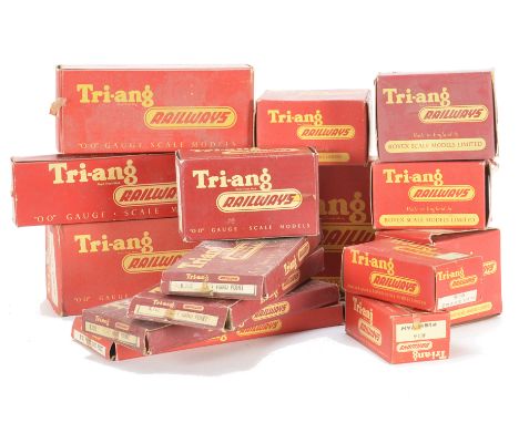 Tri-ang 00 Gauge Railways, early unlined BR black 0-6-0 Jinty, Fish Van, Brake Van and bogie Bolster wagon, Ticket Office, Po