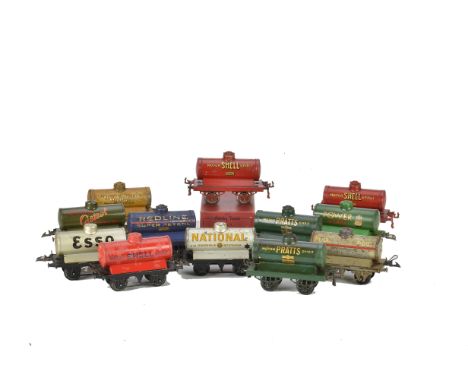 Hornby O Gauge Tank Wagons, six OAG examples comprising 2 Shell Spirit, both G, 2 Pratts, both F, retouched, Redline and Nati