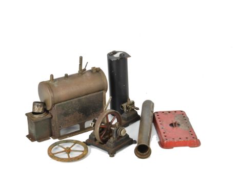 An Incomplete German Live Steam Toy Stationary Engine, possibly by Doll or similar, comprising copper boiler with whistle, bo