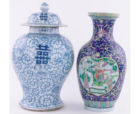 A Chinese blue & white painted jar & cover,4 character mark under, height 15" & a Chinese porcelain blue ground vase with pai