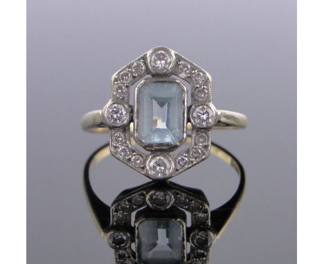 An 18 ct gold Art Deco style aquamarine & diamond set panel ring,setting height 15 mm, size R