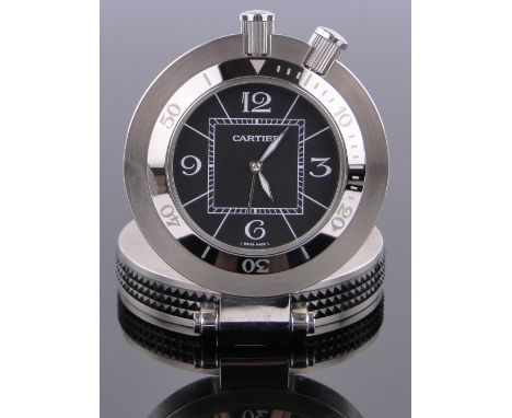 A modern Cartier stainless steel cased travelling alarm clock,case width 60 mm