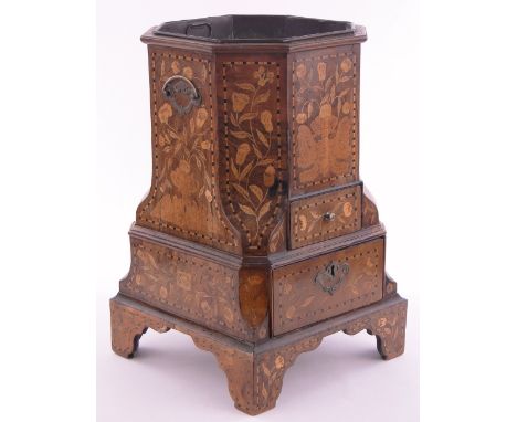 Antique Dutch marquetry & walnut planter / wine cooler,of canted square form with floral marquetry inlay, copper liner & 2 dr