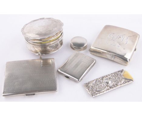 A group of silver items,including circular silver jewel box, 7 cm across, pillbox, cigarette cases, vesta case & comb (6)