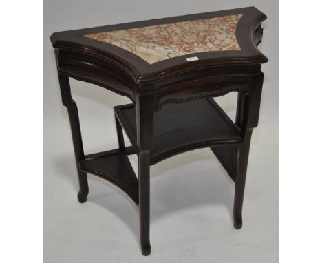 A rosewood marble top console table of shaped form with 3 under-tiers, raised on turned legs, width 2' 9" height 2' 7", depth