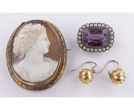A Victorian carved shell cameo brooch,pair of Victorian unmarked gold filigree ball shaped earrings & a Victorian amethyst gl