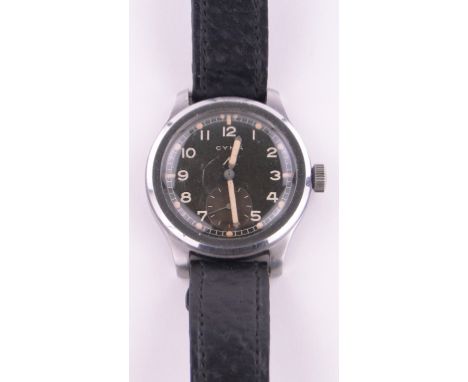 A Cyma Second World War military issue wrist watch,stainless steel case with black dial & radium treated hour markers & hands
