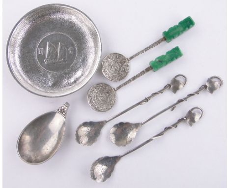 A group of continental silver items,including a Georg Jensen silver caddy spoon, pair of Chinese teaspoons with carved jade h