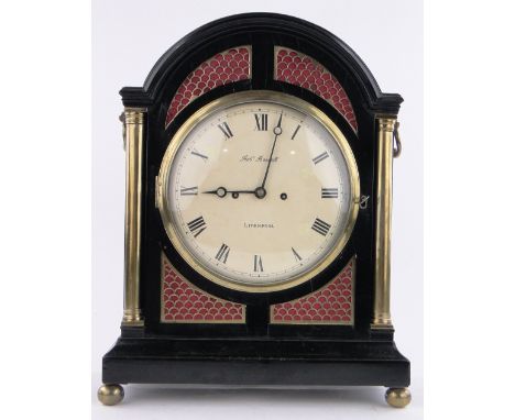 An early 19th century brass & ebonised bracket clock,by Robert Roskell of Liverpool, 5 pillar rack & bell striking twin fusee