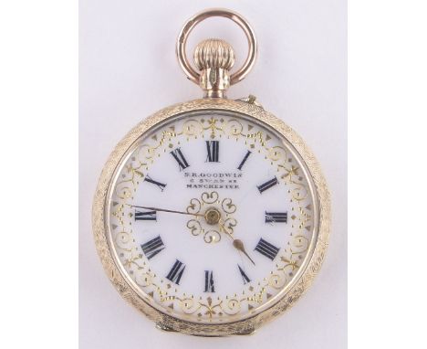 A small Edwardian 9 ct gold cased top wind fob watch,by H R Godwin with gilded dial, hallmarks London 1907, case width 30 mm