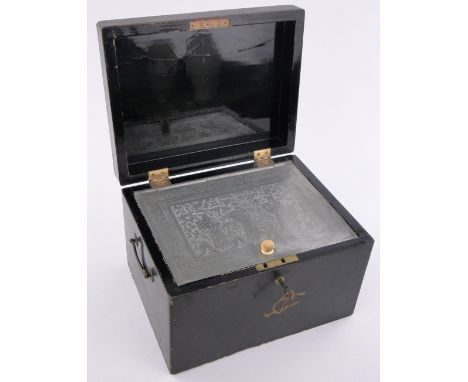 Large 19th century Chinese lacquered tea caddy,with engraved antimony lining, length 13"