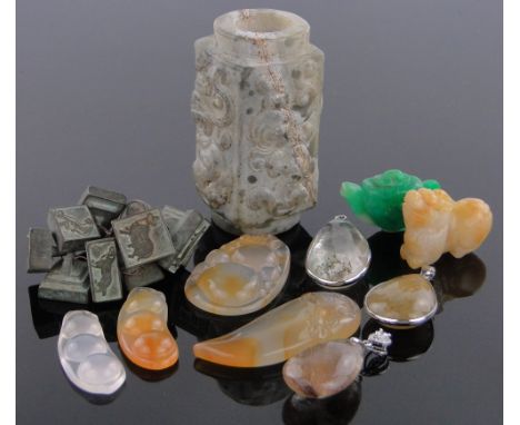 Group of Chinese carved stone & jade pendants,a group of Chinese metal seals & a relief carved jade cong