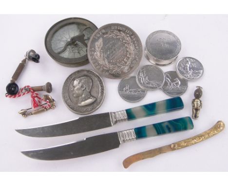 Box of medallions, etc.,including Blackpool 1870 Agricultural medal, cased coins, agate knives, compass etc