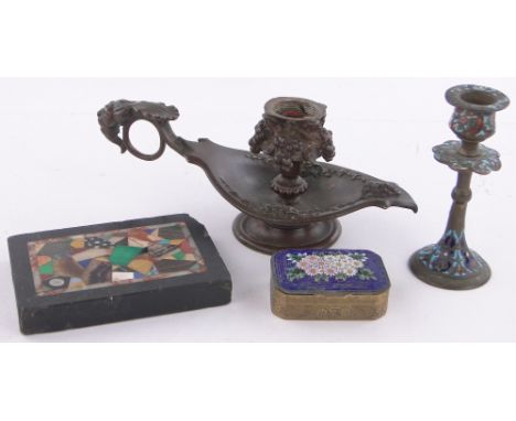 A 19th century specimen hard stone inlaid paperweight,length 4", a French bronze chamberstick, small enamel candlestick & a m