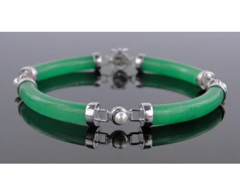 A Chinese silver, jade & pearl 4 section bracelet