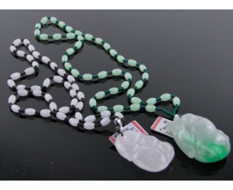 2 Chinese carved jade pendants on jade bead chains (2)