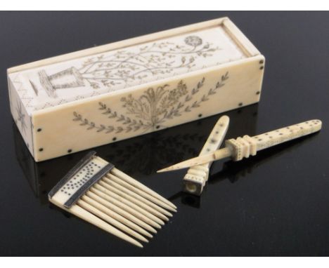 A 19th century Dieppe ivory miniature box,engraved allover with landscapes & trailing plants, containing an original silver m
